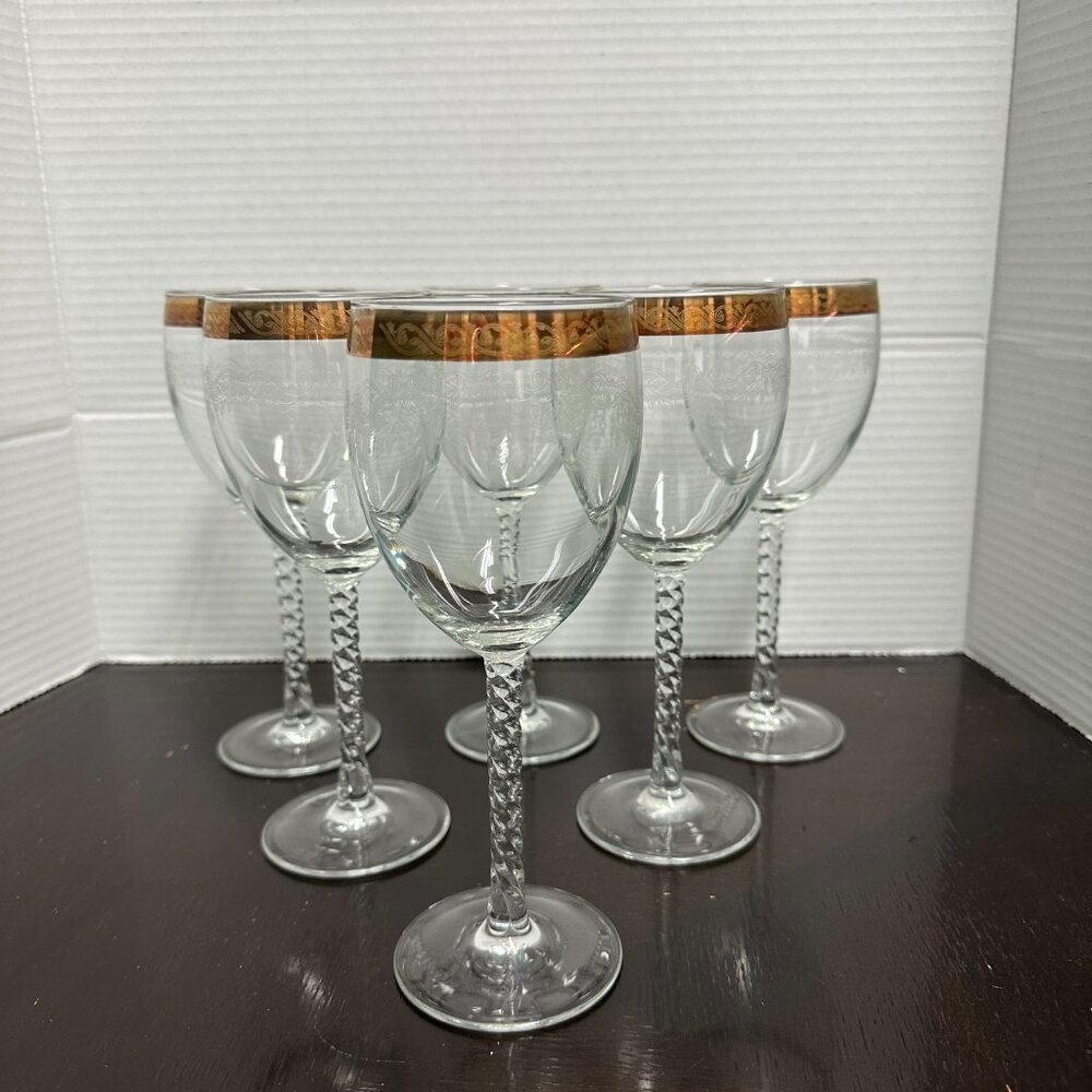 6 Vintage Wine Glasses with Gold Rims Etched w/Twisted Stem Mid-20th Century